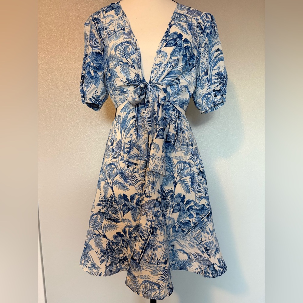 Cider Tropical Print Midi Dress in Blue and White